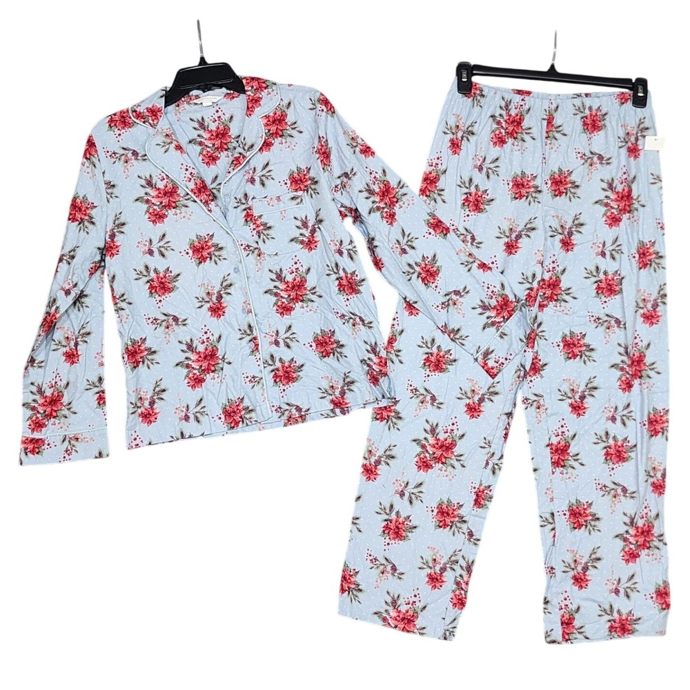 Charter Club Flannel Pajama Set Blue Poinsettia Long Sleeve Soft Cozy XS